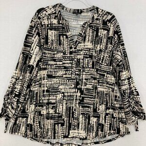 Ava & Grace Blouse sz XL Black Cream Abstract Stretch Knit Ruched Sleeve Office